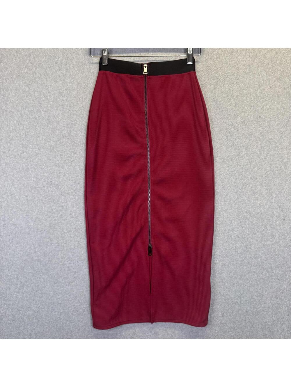 Brand New Bebe Women's Size XS Red Black Zip Front Extreme Midi Skirt